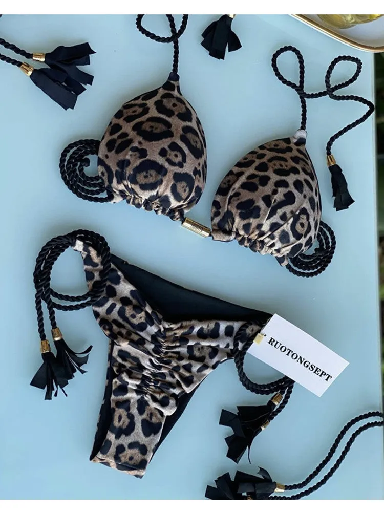 Bikini Set with Braided Low-rise Bottoms and Printed Soft Cups Swimwear
