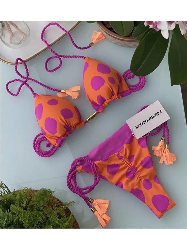 Bikini Set with Braided Low-rise Bottoms and Printed Soft Cups Swimwear