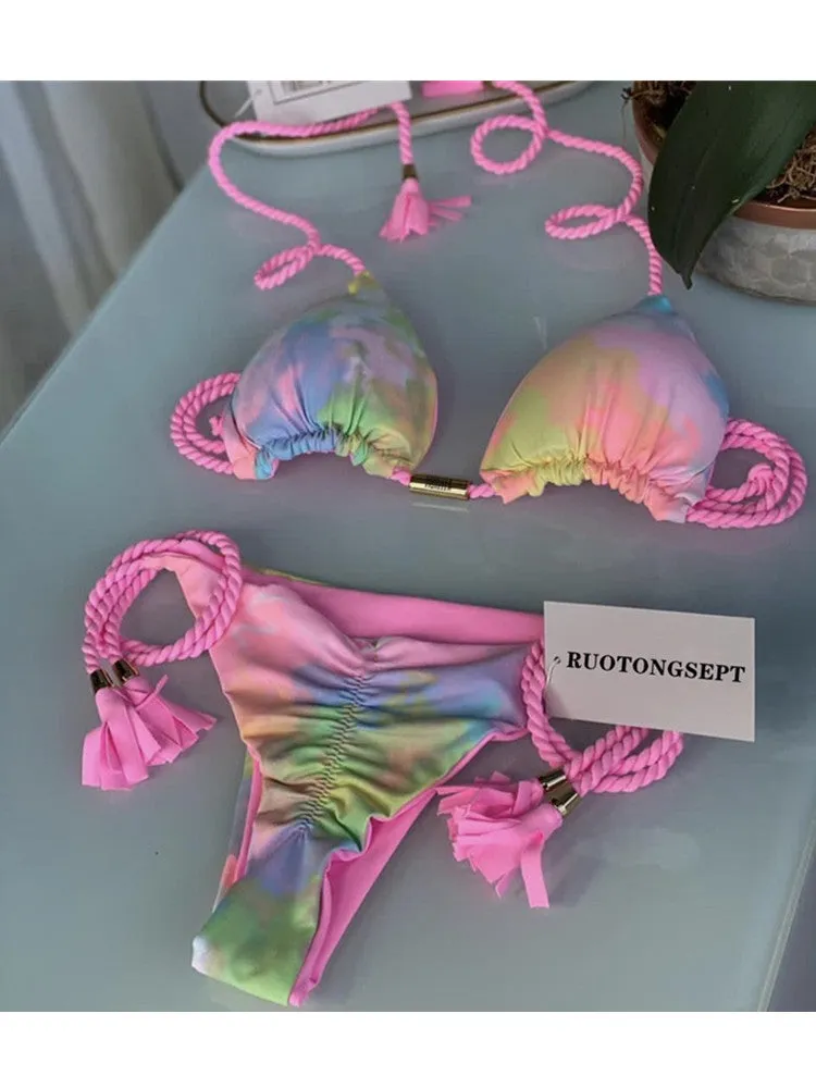 Bikini Set with Braided Low-rise Bottoms and Printed Soft Cups Swimwear