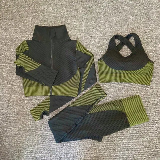 Black and Khaki Seamless High Waist Leggings and Padded Sports Bra 3 Piece Yoga Set