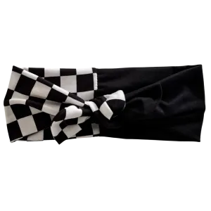 Black and White and Black Checkered Twisted with Removable Bow - Workout Headband