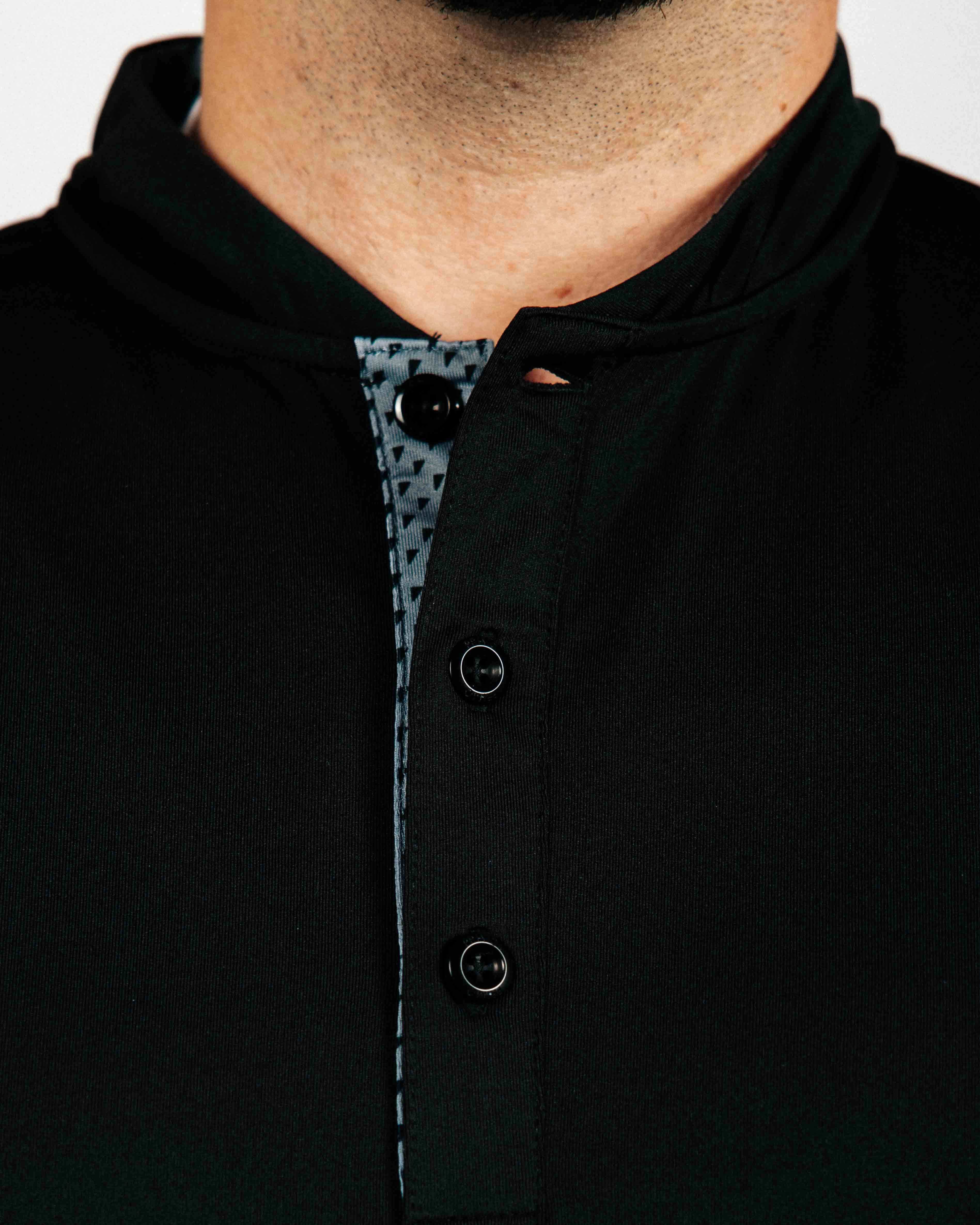 Black Long Sleeve Blade Polo Quick Release Fastener Silicone Print Detail