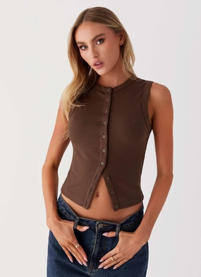 Ribbed Collar Design Blair Buttoned Knit Top - Chocolate