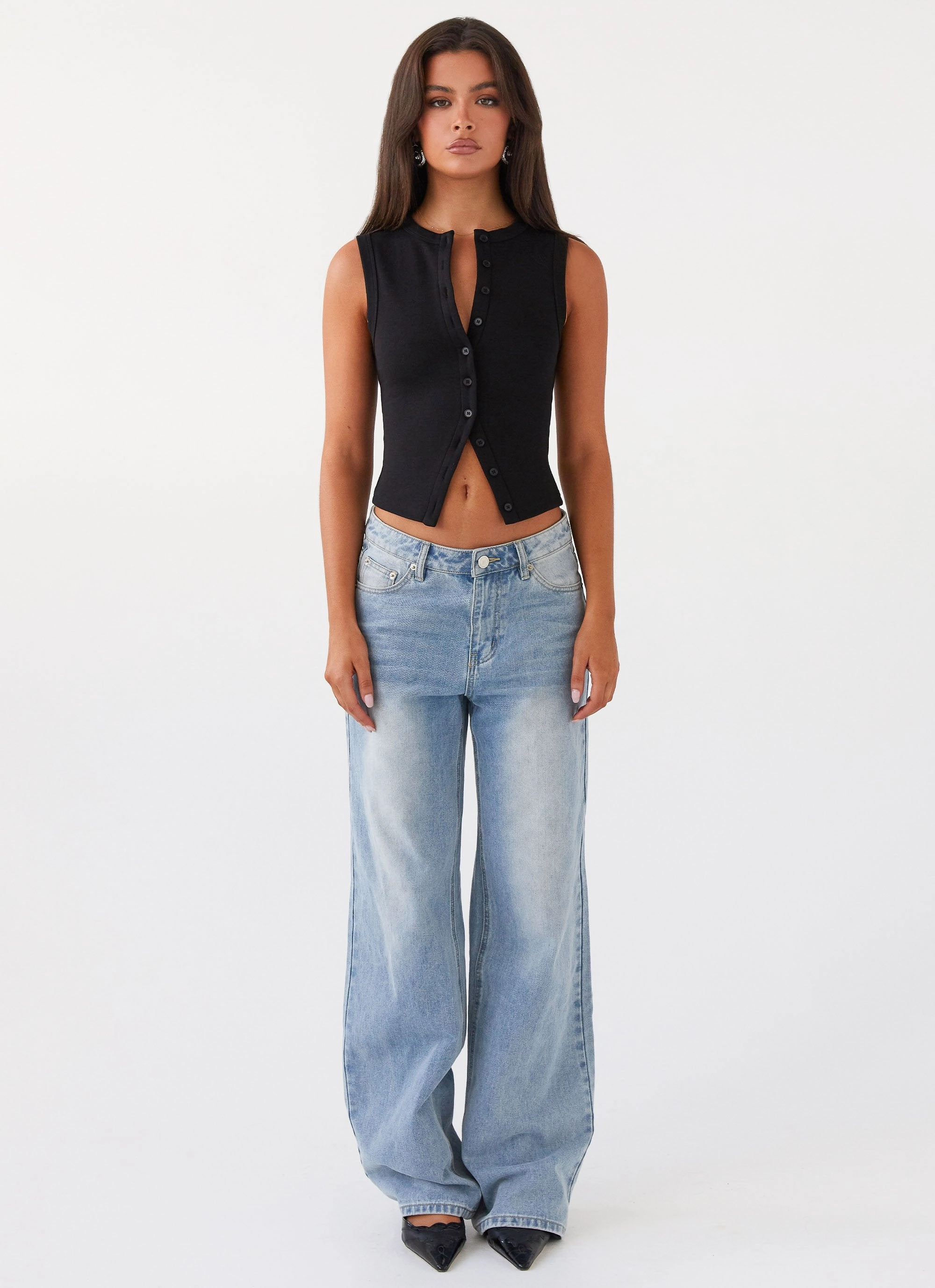 Blair Buttoned Tank Top - Black RaglanSleeve Tailored Placket