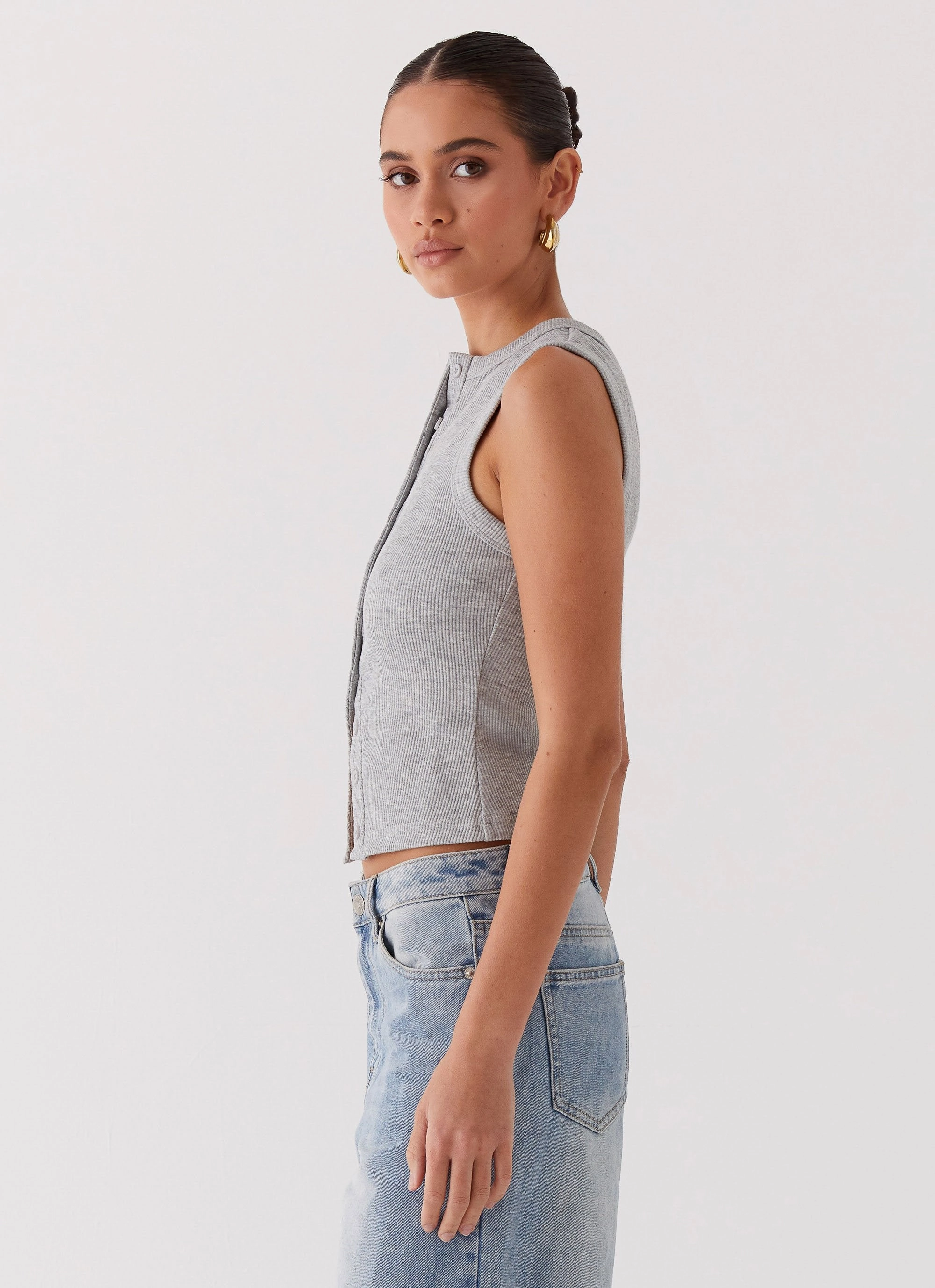Blair Buttoned Tank Top - Grey Marle Tear Resistant