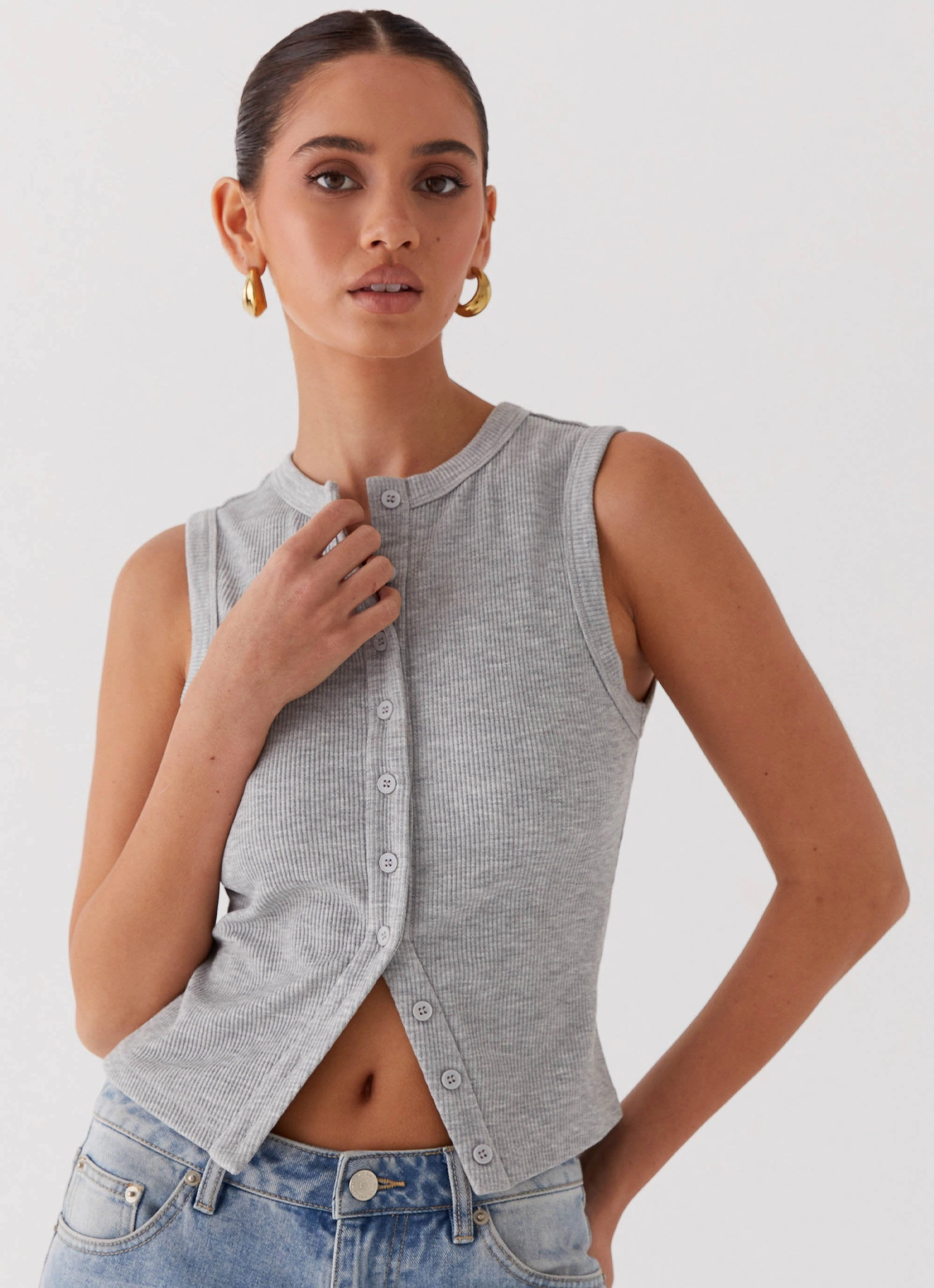Blair Buttoned Tank Top - Grey Marle Button Down Collar