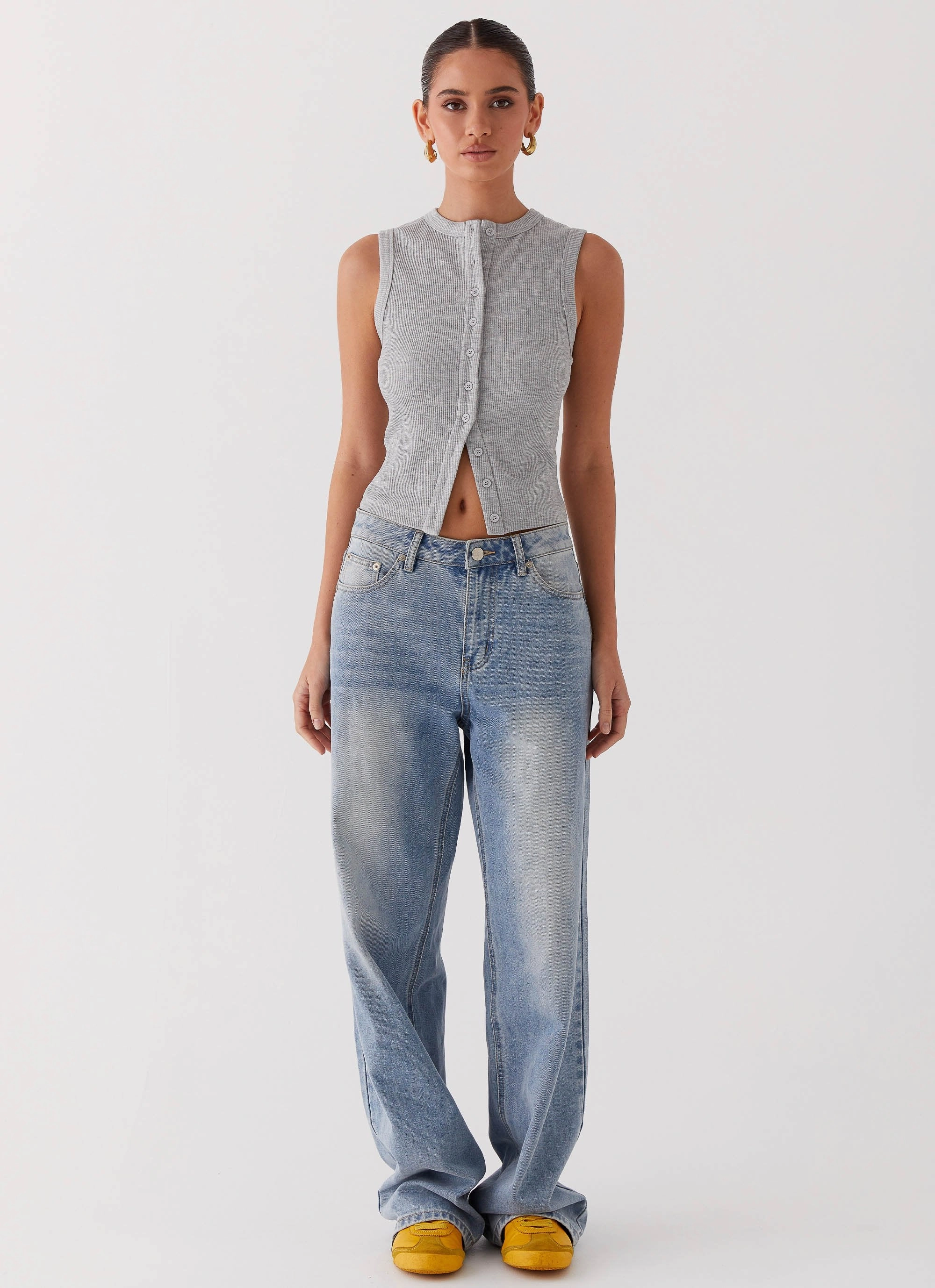 Ribbed Trim Blair Buttoned Tank Top - Grey Marle