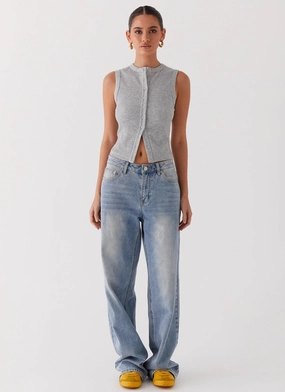 Ribbed Trim Blair Buttoned Tank Top - Grey Marle