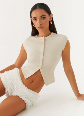 Airy Mesh Lining MinimalistDesign Blair Cap Sleeve Buttoned Top - Oatmeal