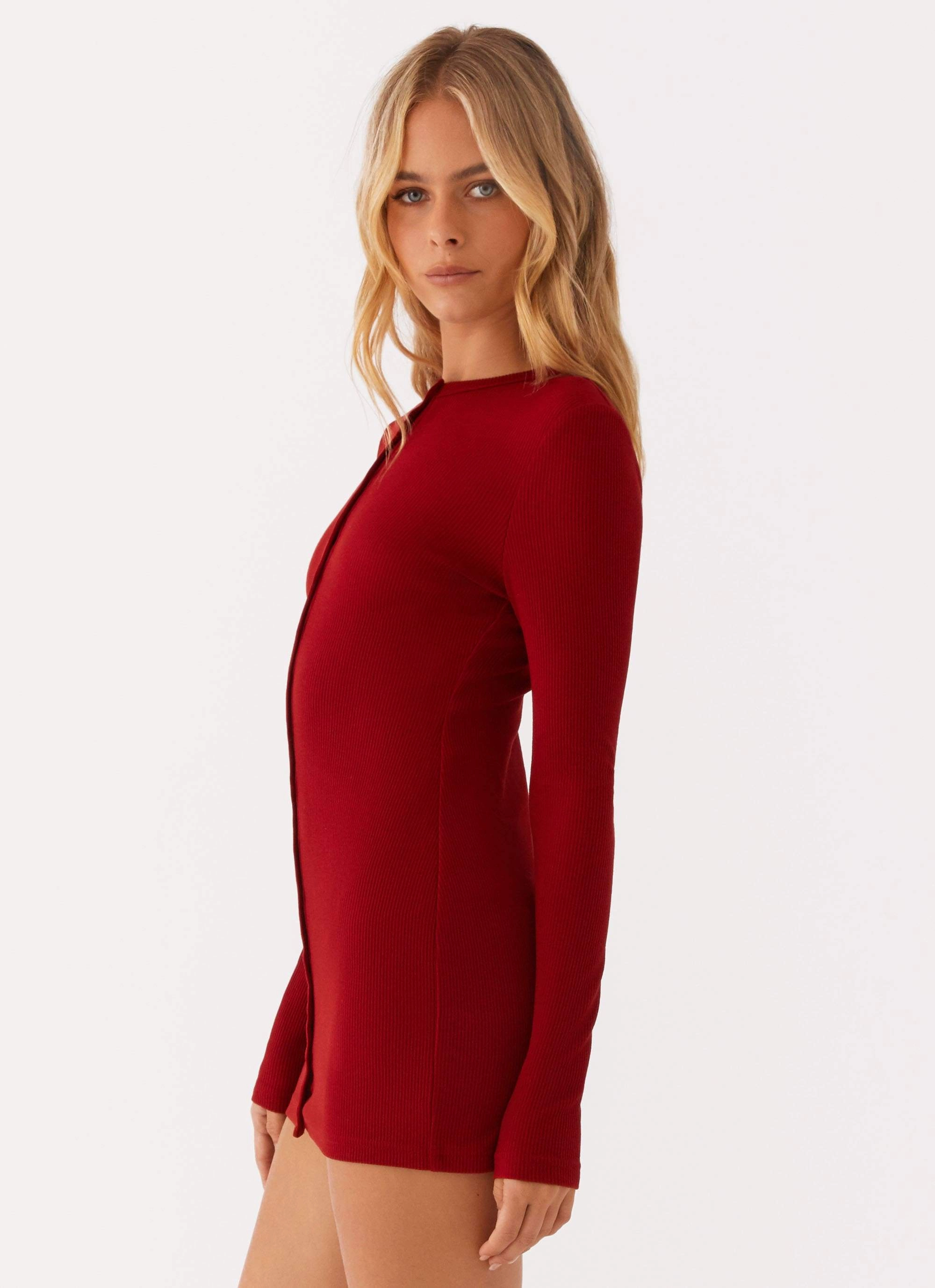 Blair Long Sleeve Mini Dress - Red Hidden-Pocket