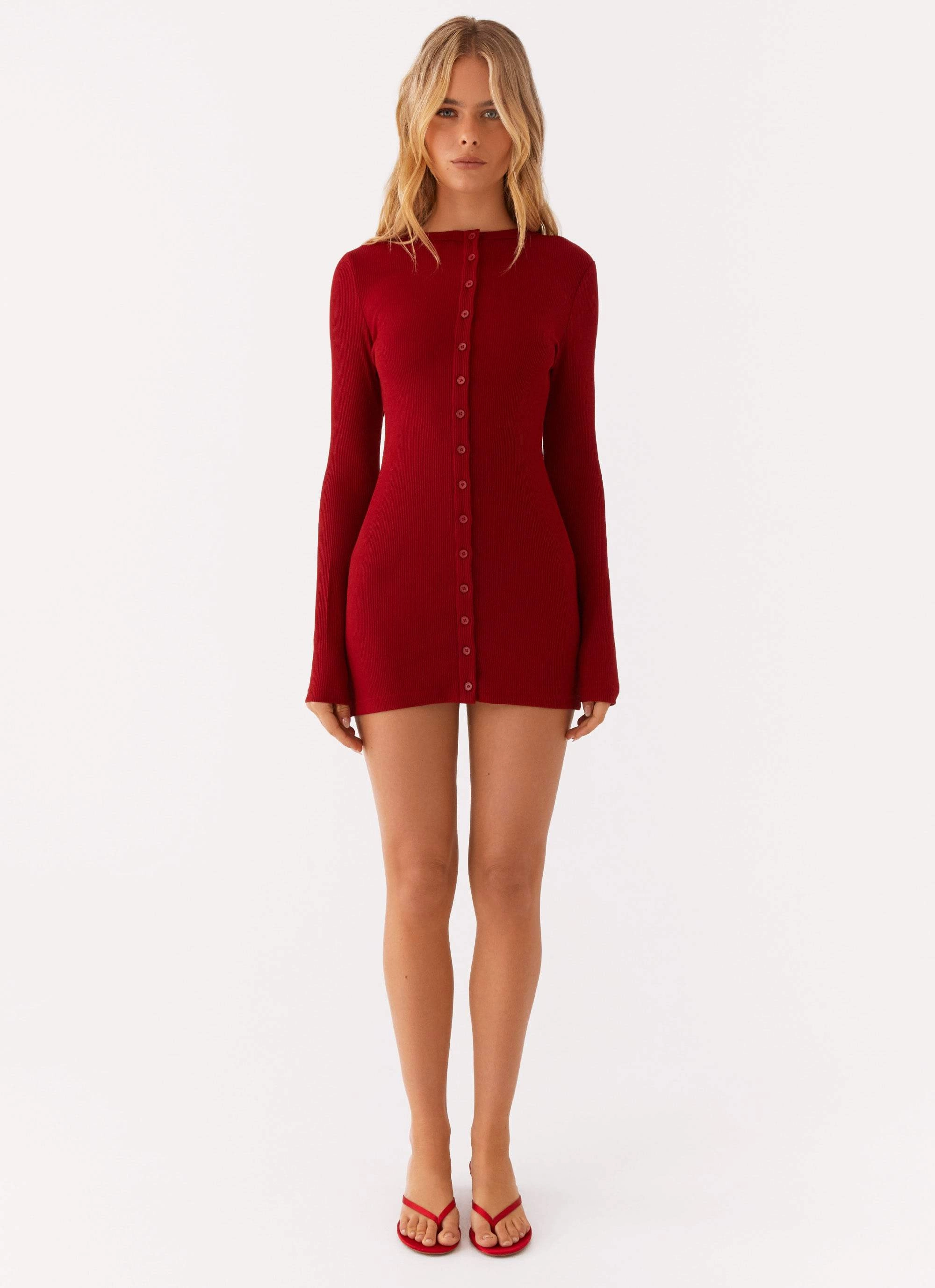 Blair Long Sleeve Mini Dress - Red Side-Slit Comfortable fit for outings