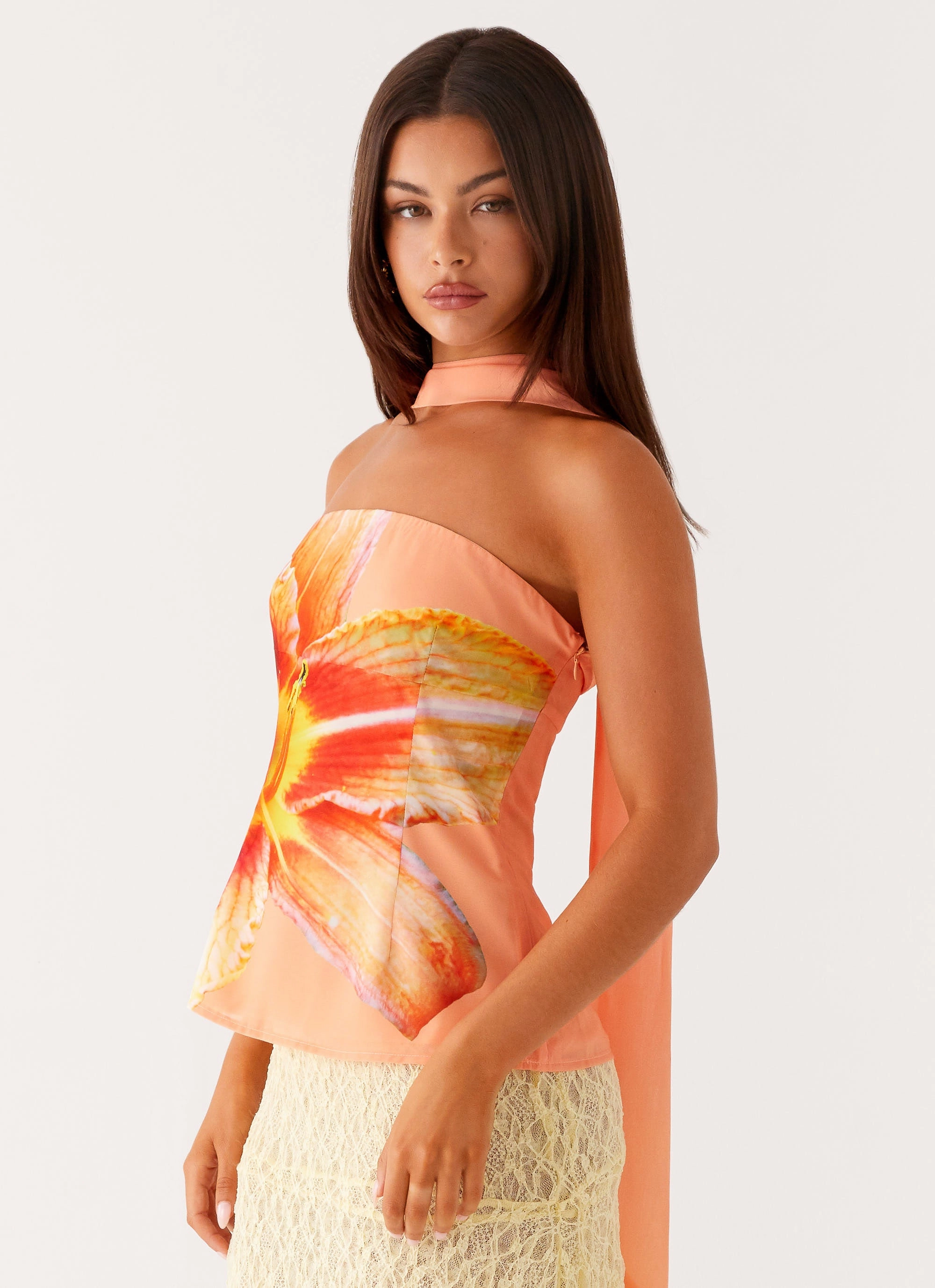 Blaise Scarf Top - Orange Floral FrictionResistant Fabric FlexibleWaistband