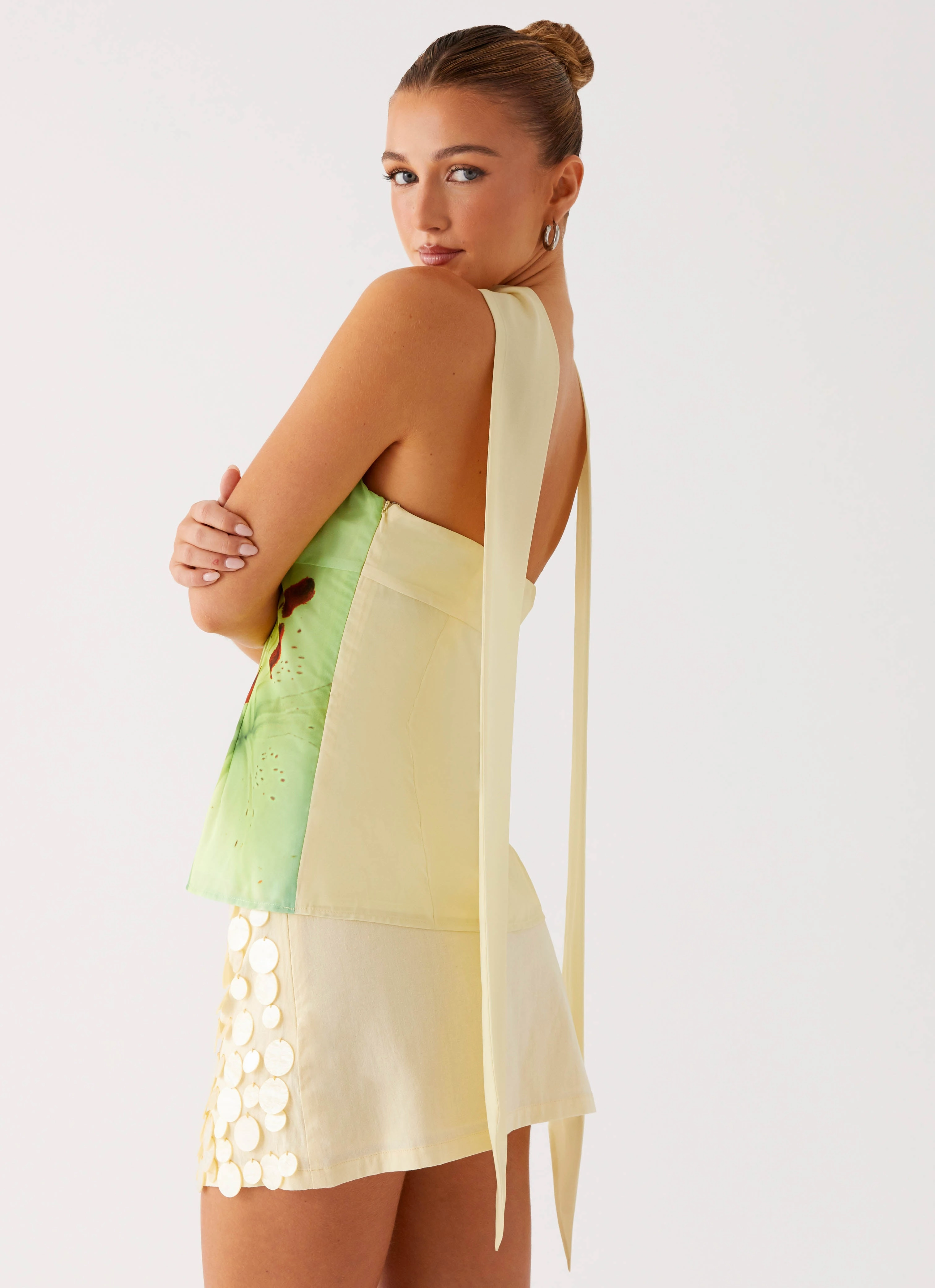 Blaise Scarf Top - Yellow Floral Stretchy Top Stretch Knit Material