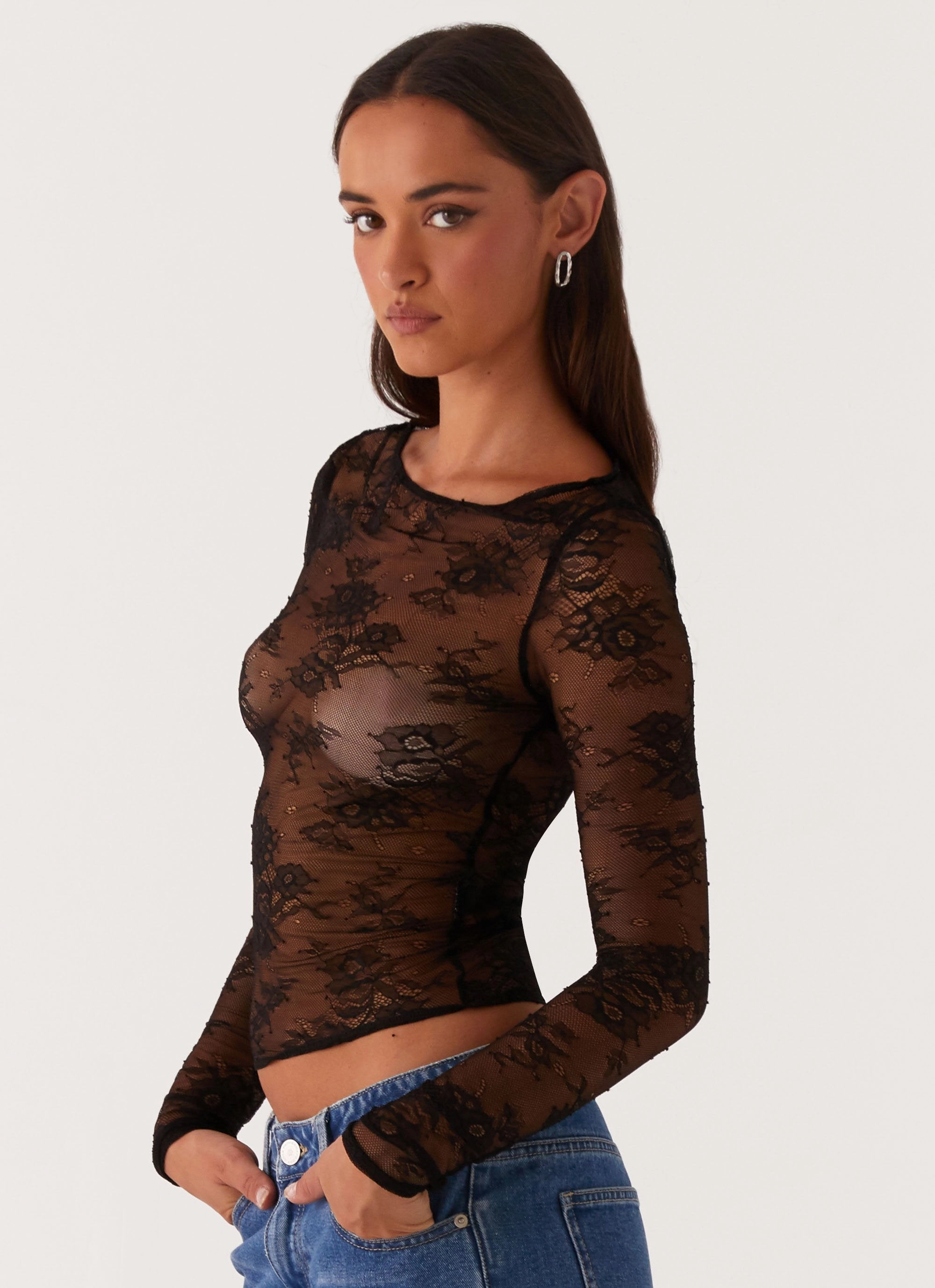 Double Needle Stitching Blanca Lace Top - Black