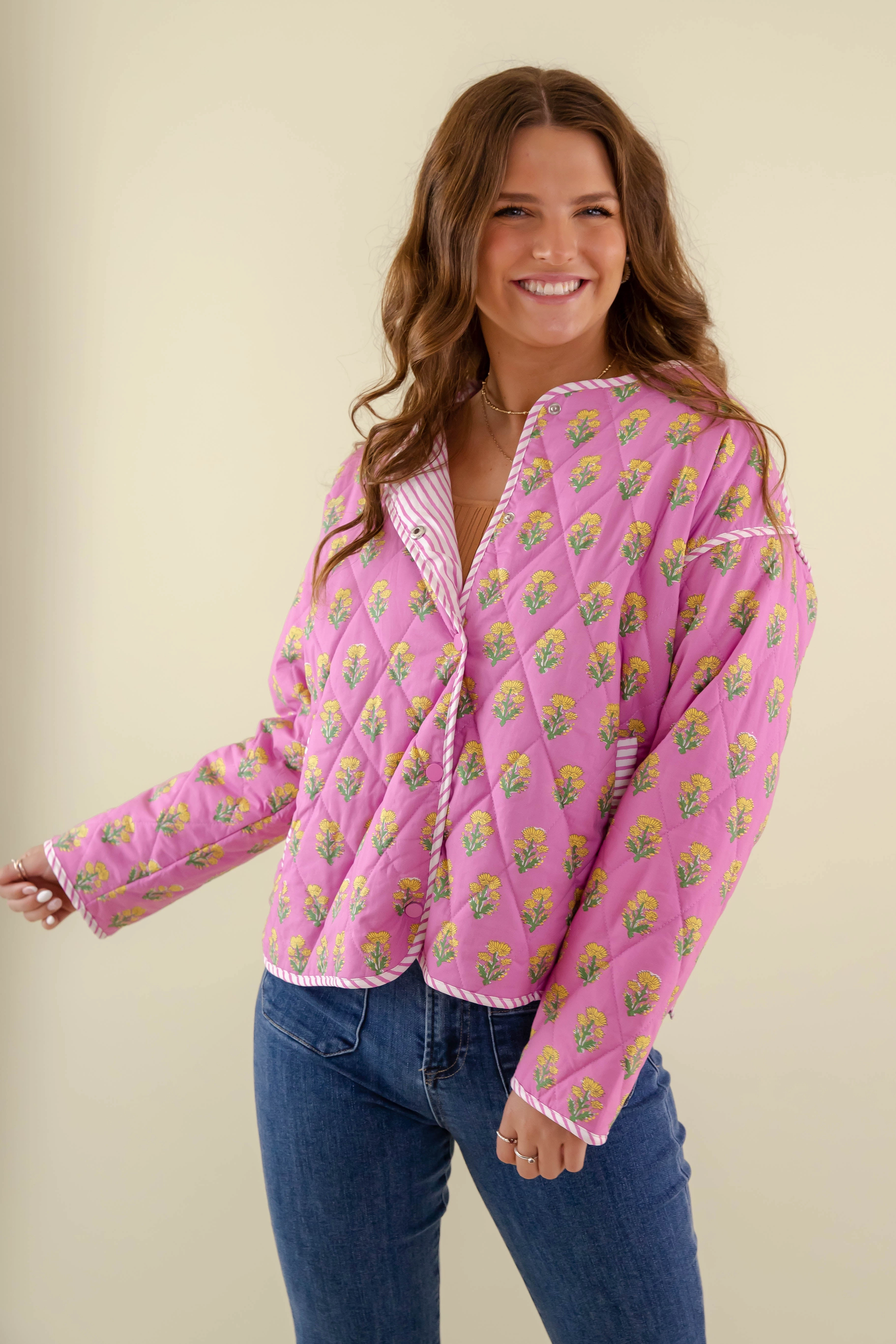 Reflective Accent Stripes Blooming Where Planted Quilted Jacket