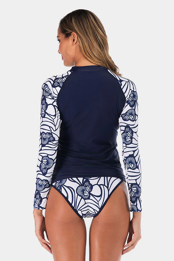 Blue Floral & Solid Split Two Pieces Long Sleeve UPF50  Rash Guard