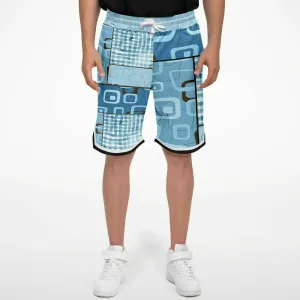 Blue Geo Patchwork Plaid Basketball Shorts
