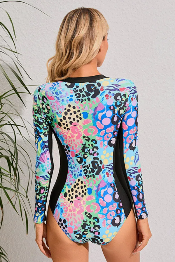 Blue Printed Zipper Patchwork One Piece Long Sleeve Swimsuit UPF50  Rash Guard