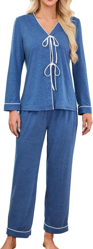 BMJL Womens Pajama Sets Long Sleeve 2 Piece Lounge Set Cute Tie Front Pj Sets with Pockets