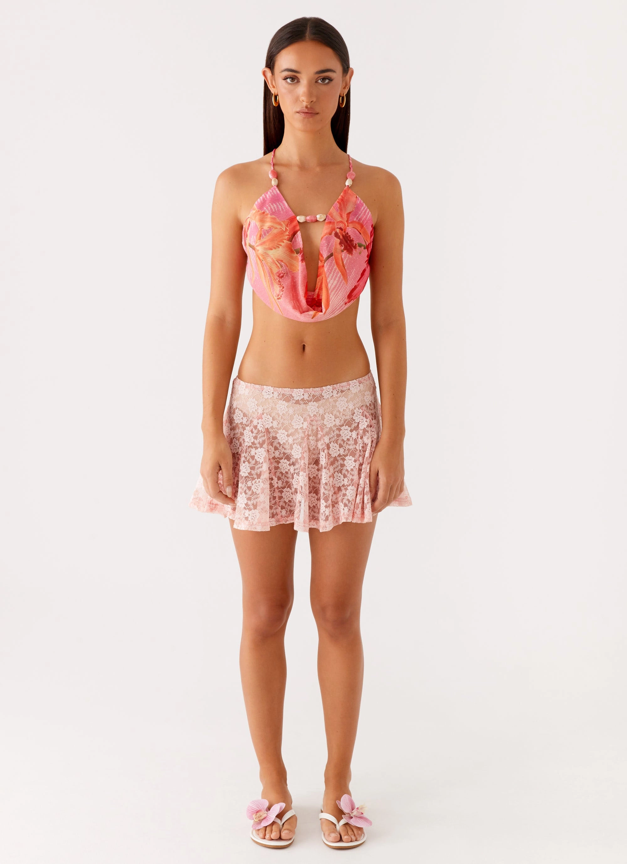 Bobbi Cowl Neck Top - Tropical Pink Print Reinforced Shoulder Panels Simple Cut