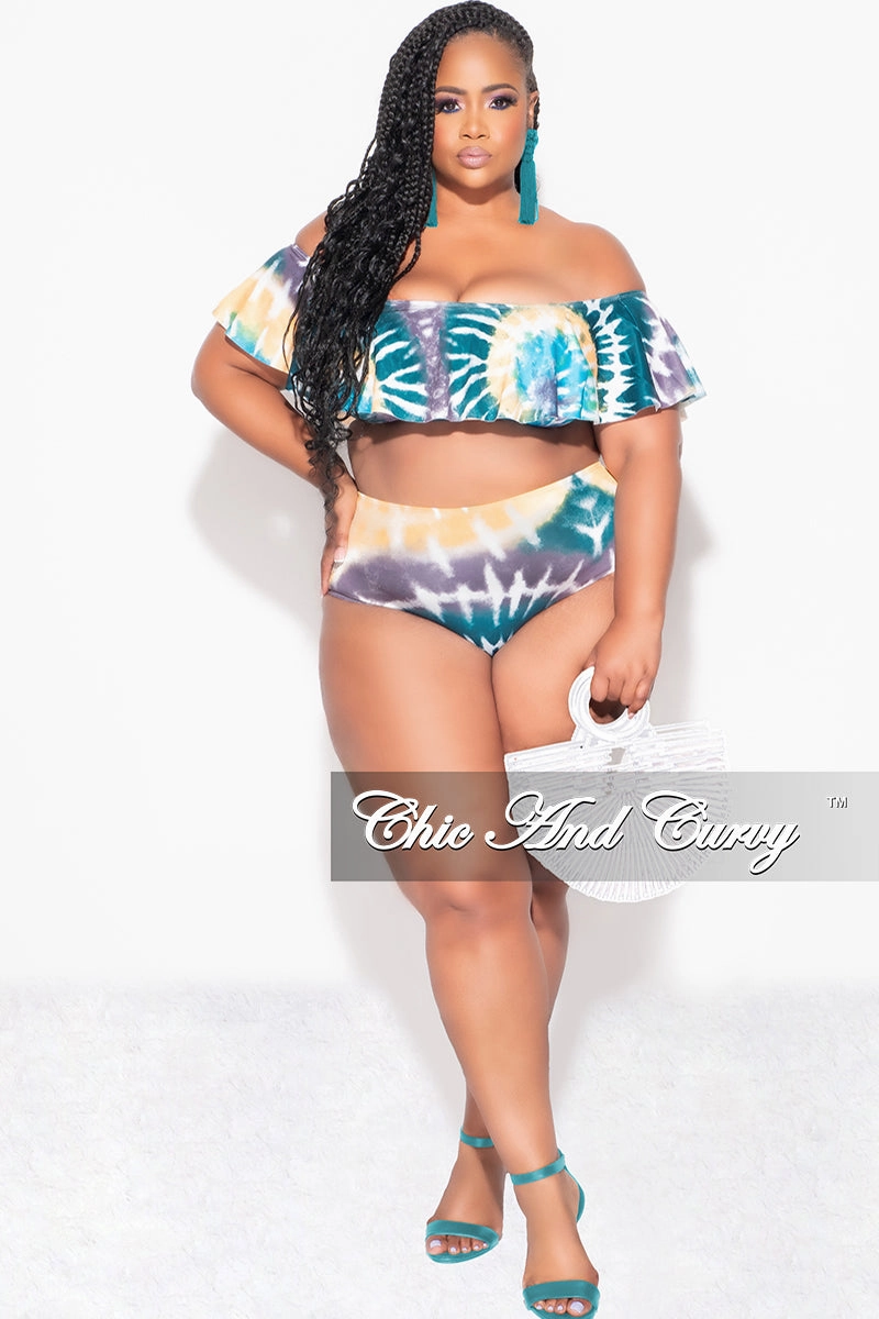 Sporty Appeal StretchWaistband Final Sale Plus Size Tie Dye Ruffle Bikini Set in Teal / Mustard Tie Dye Print