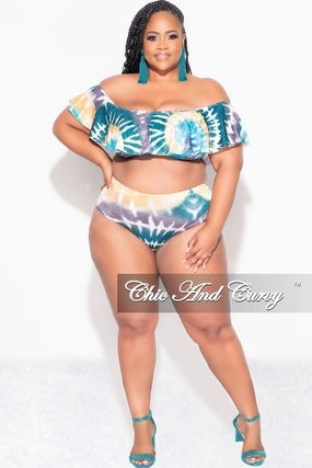 Outfit Staple WindproofLayer Final Sale Plus Size Tie Dye Ruffle Bikini Set in Teal / Mustard Tie Dye Print