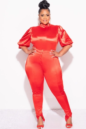 High Durability Thread Final Sale Plus Size 2pc Satin Puffy Short Sleeve Bodysuit and Pants Set in Red
