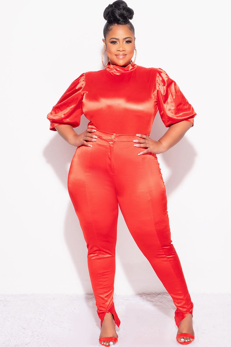High Durability Thread Final Sale Plus Size 2pc Satin Puffy Short Sleeve Bodysuit and Pants Set in Red