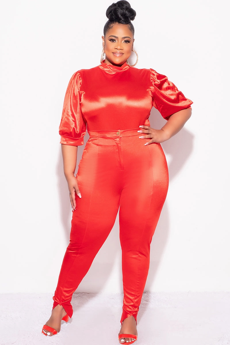 Core Fit Final Sale Plus Size 2pc Satin Puffy Short Sleeve Bodysuit and Pants Set in Red