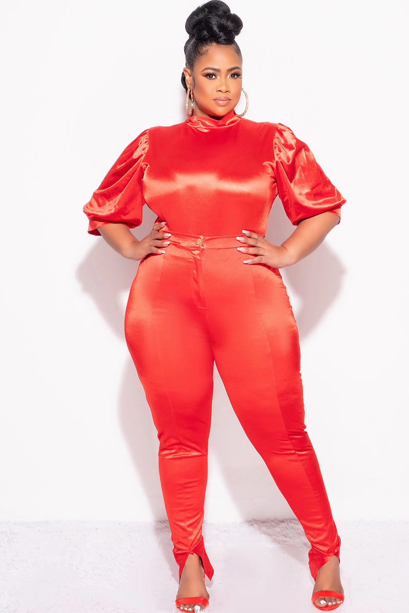 Final Sale Plus Size 2pc Satin Puffy Short Sleeve Bodysuit and Pants Set in Red Stretch Layer Fit