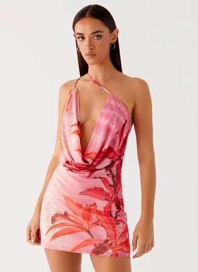 Bohemian Bliss Mesh Mini Dress - Tropical Pink Print Runway-Ready