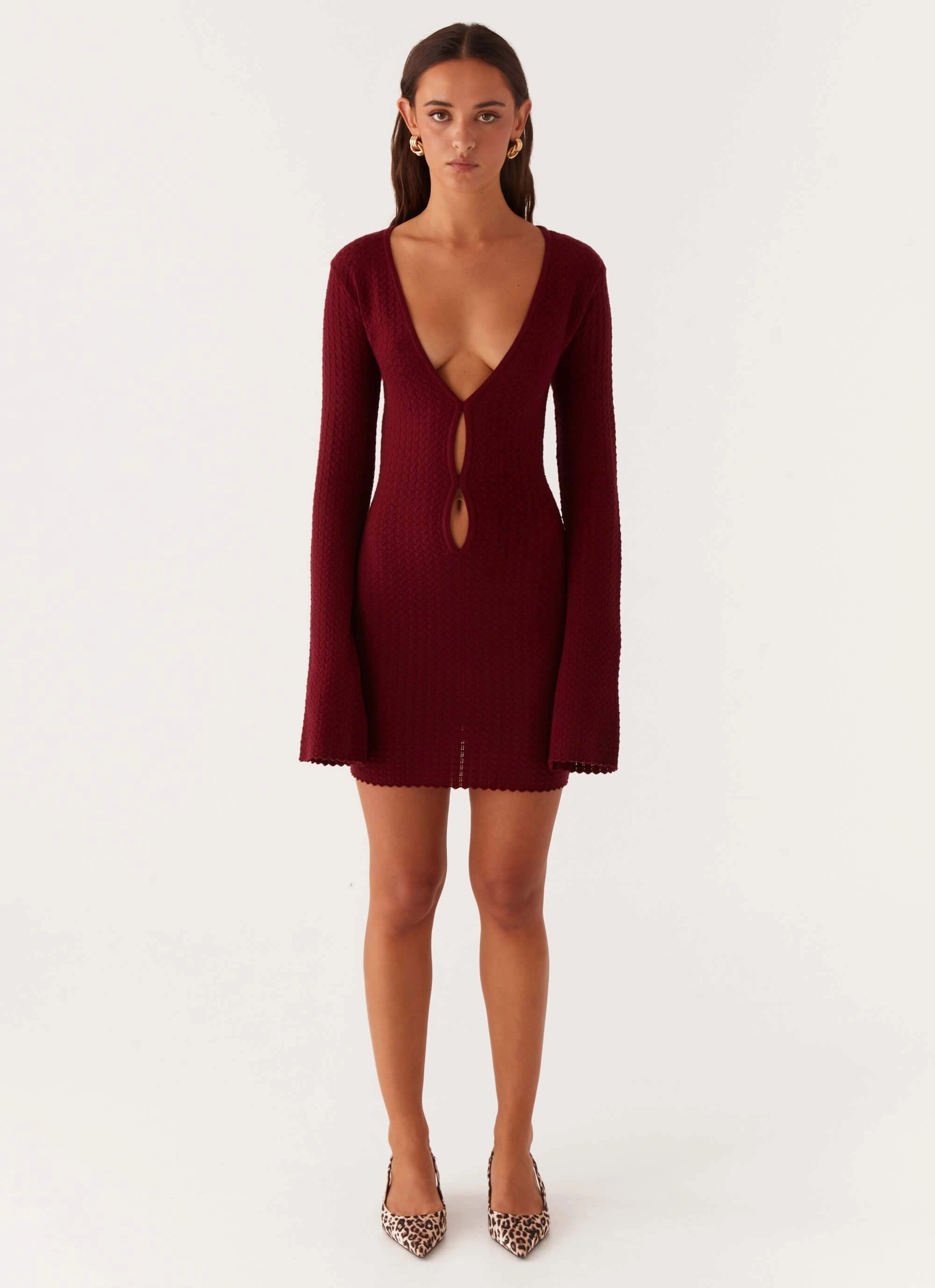 Lavelle Knit Mini Dress - Maroon Light Wear Premium Look