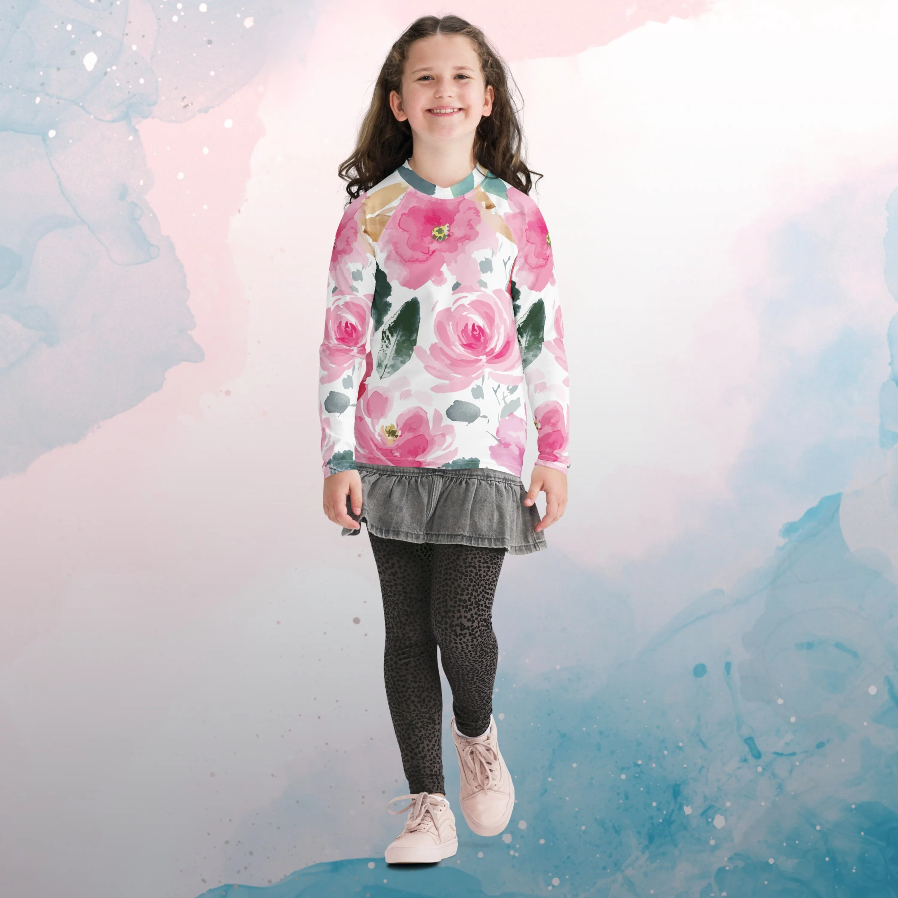 Bold Floral Print Youth Rash Guard Surf Swim Gym Top