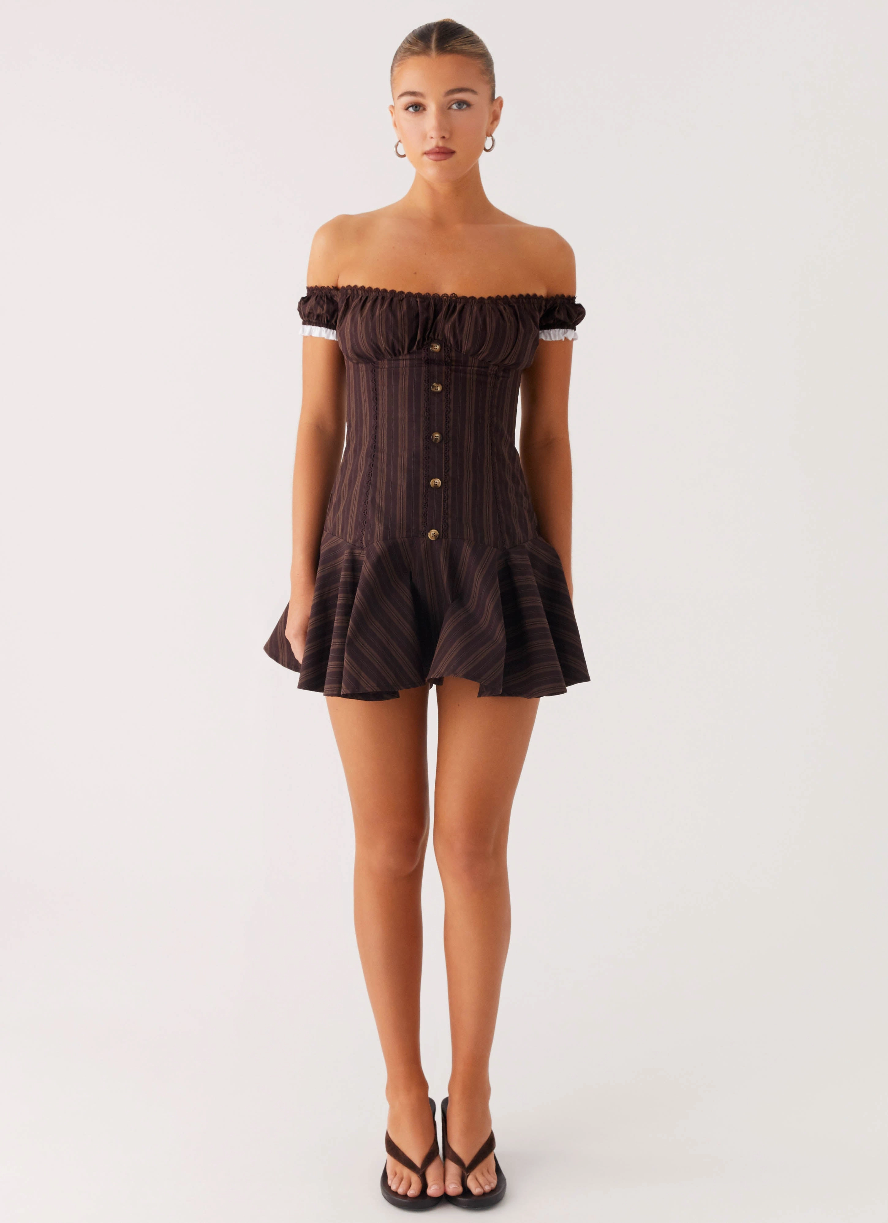 Texture Play Gentle Motion Jumana Off Shoulder Mini Dress - Toffee Stripe
