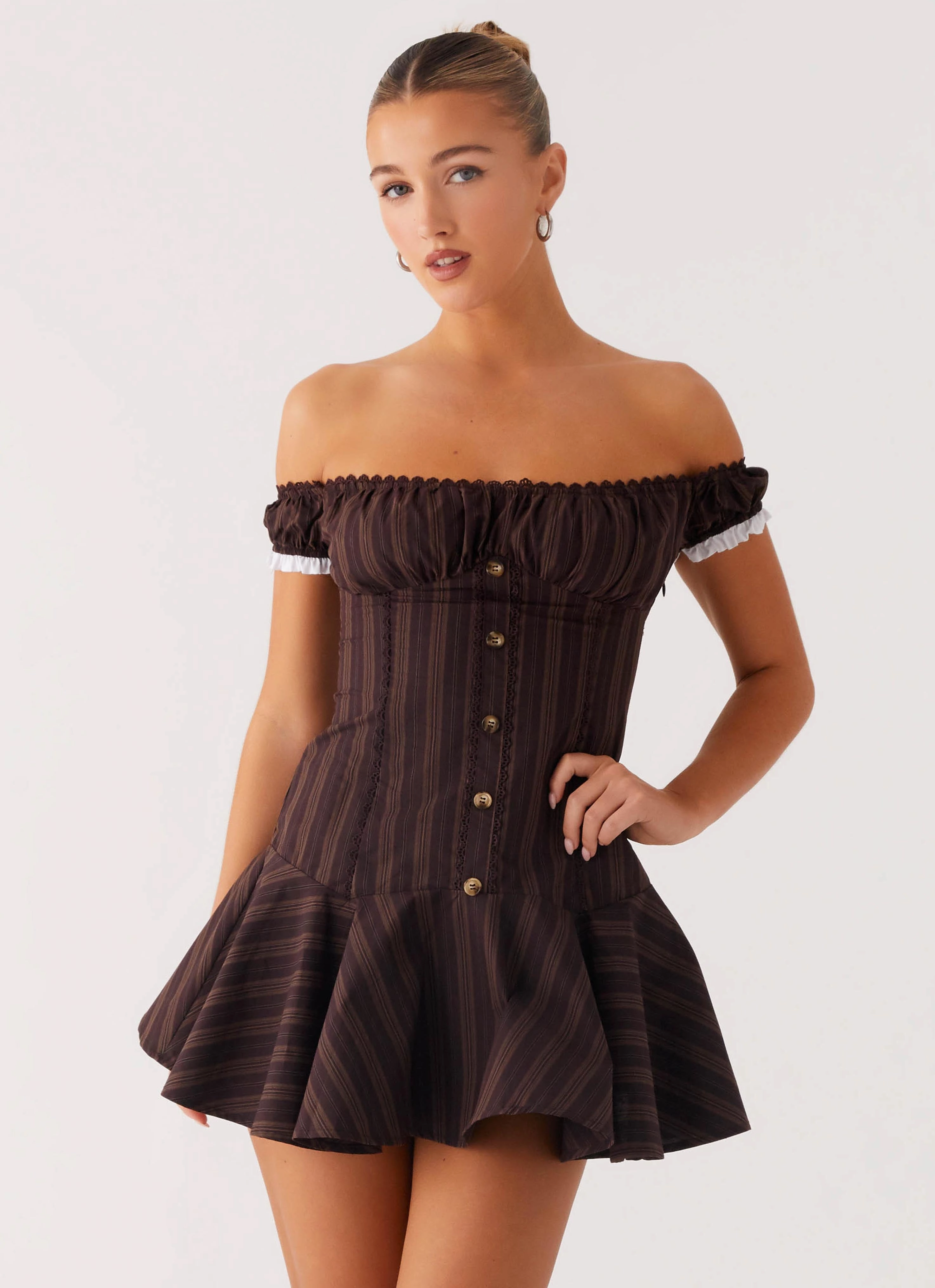 Floating Shape Fresh Motion Jumana Off Shoulder Mini Dress - Toffee Stripe