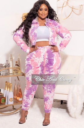 Quick Wash Quick Dry Technology Final Sale Plus Size 2pc Set Distressed Denim Jacket & Pants in Purple/Pink Tie Dye