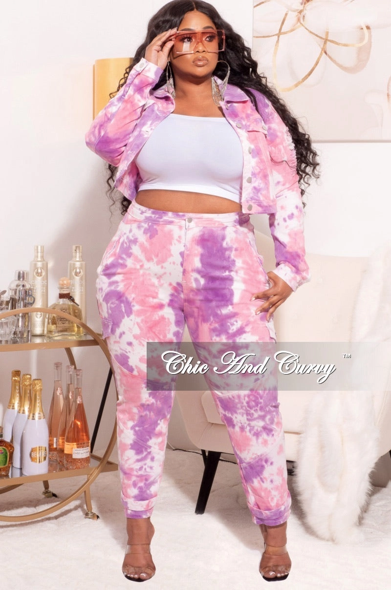 Final Sale Plus Size 2pc Set Distressed Denim Jacket & Pants in Purple/Pink Tie Dye Comfortable Layering