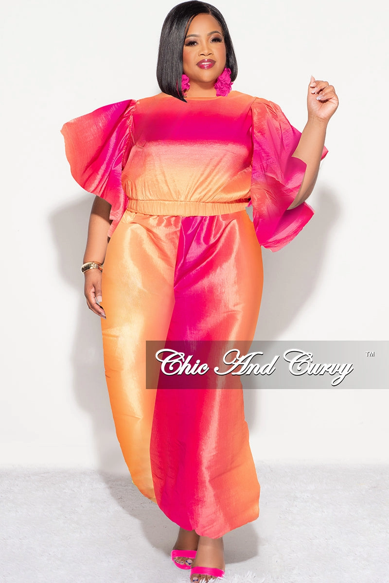 Trendy Comfort Stylish Layers Final Sale Plus 2pc Ruffle Top and Balloon Pants Set in Fuchsia Ombre Color Print