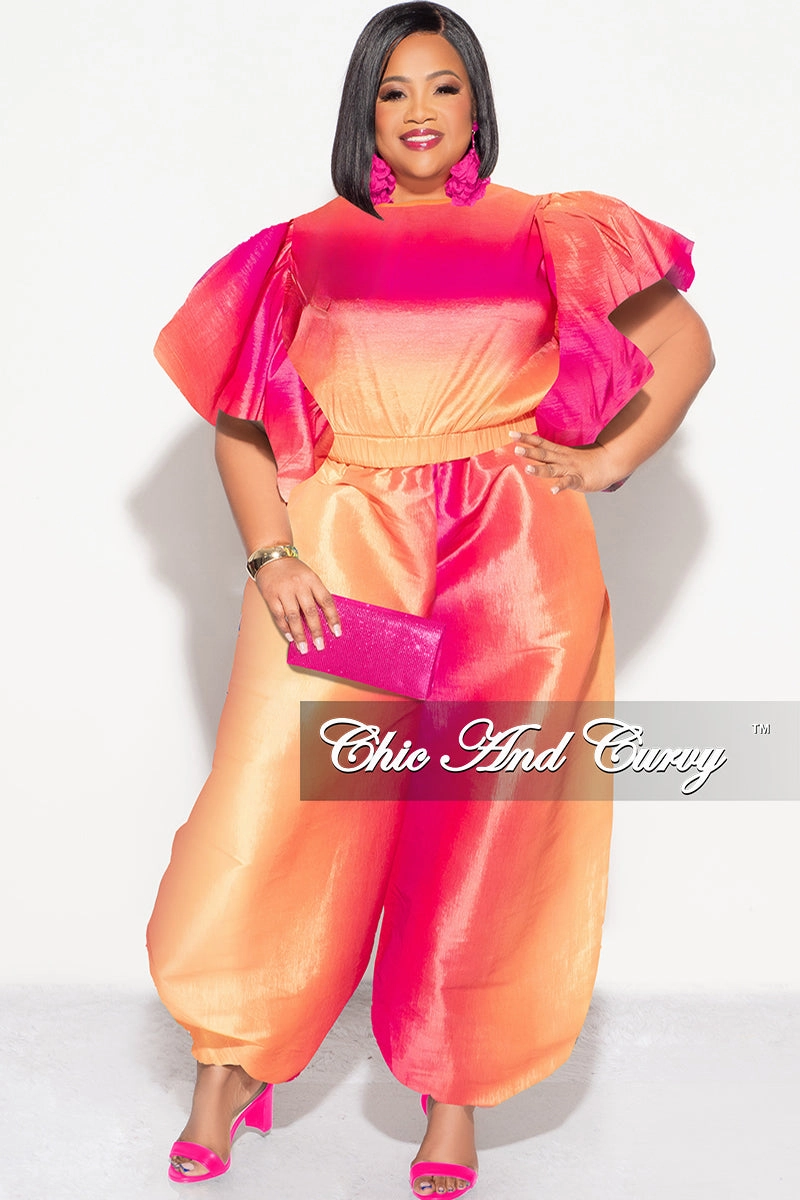 Tailored Fit Final Sale Plus 2pc Ruffle Top and Balloon Pants Set in Fuchsia Ombre Color Print