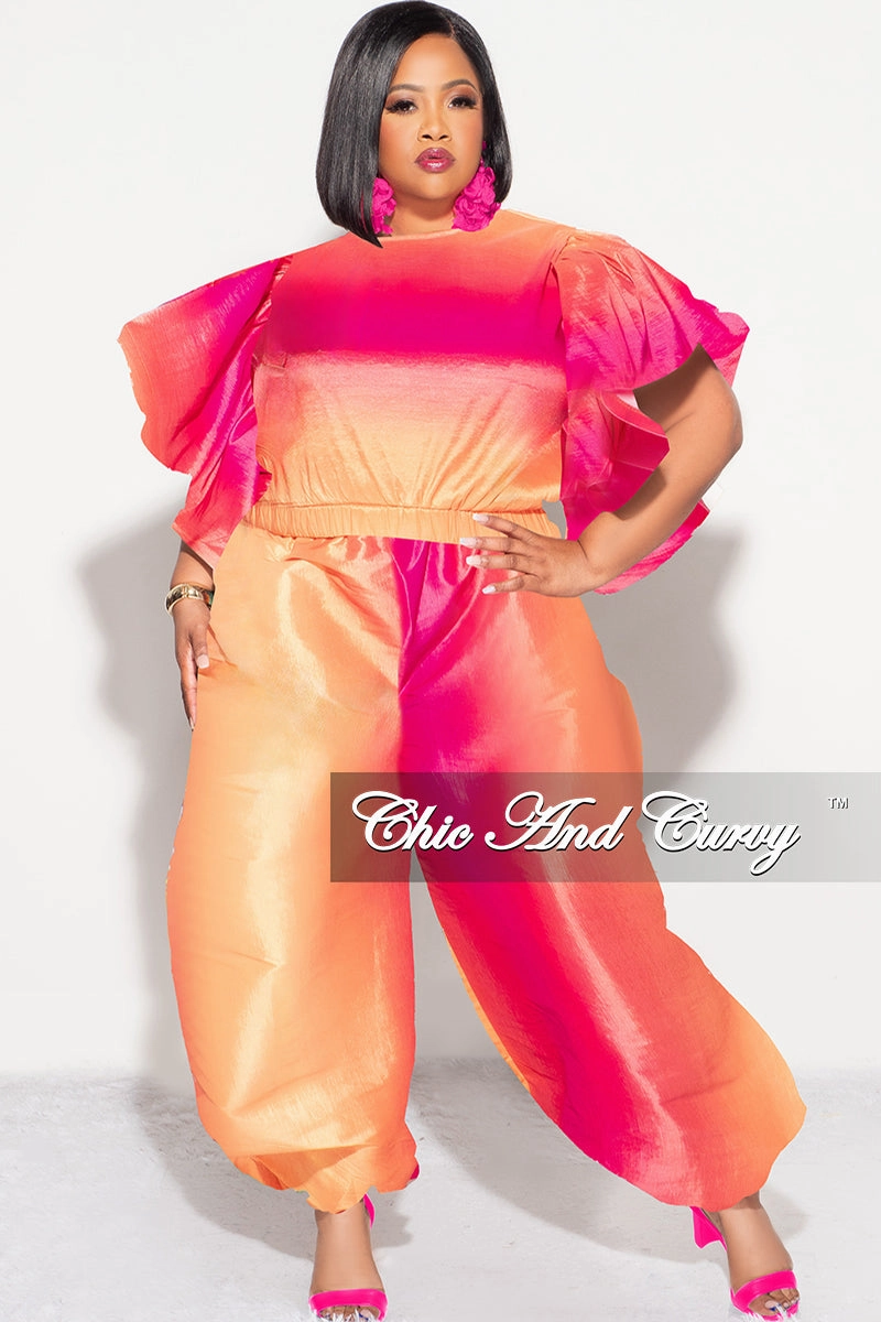 WindproofLayer Final Sale Plus 2pc Ruffle Top and Balloon Pants Set in Fuchsia Ombre Color Print