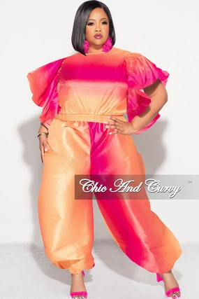 WindproofLayer Final Sale Plus 2pc Ruffle Top and Balloon Pants Set in Fuchsia Ombre Color Print