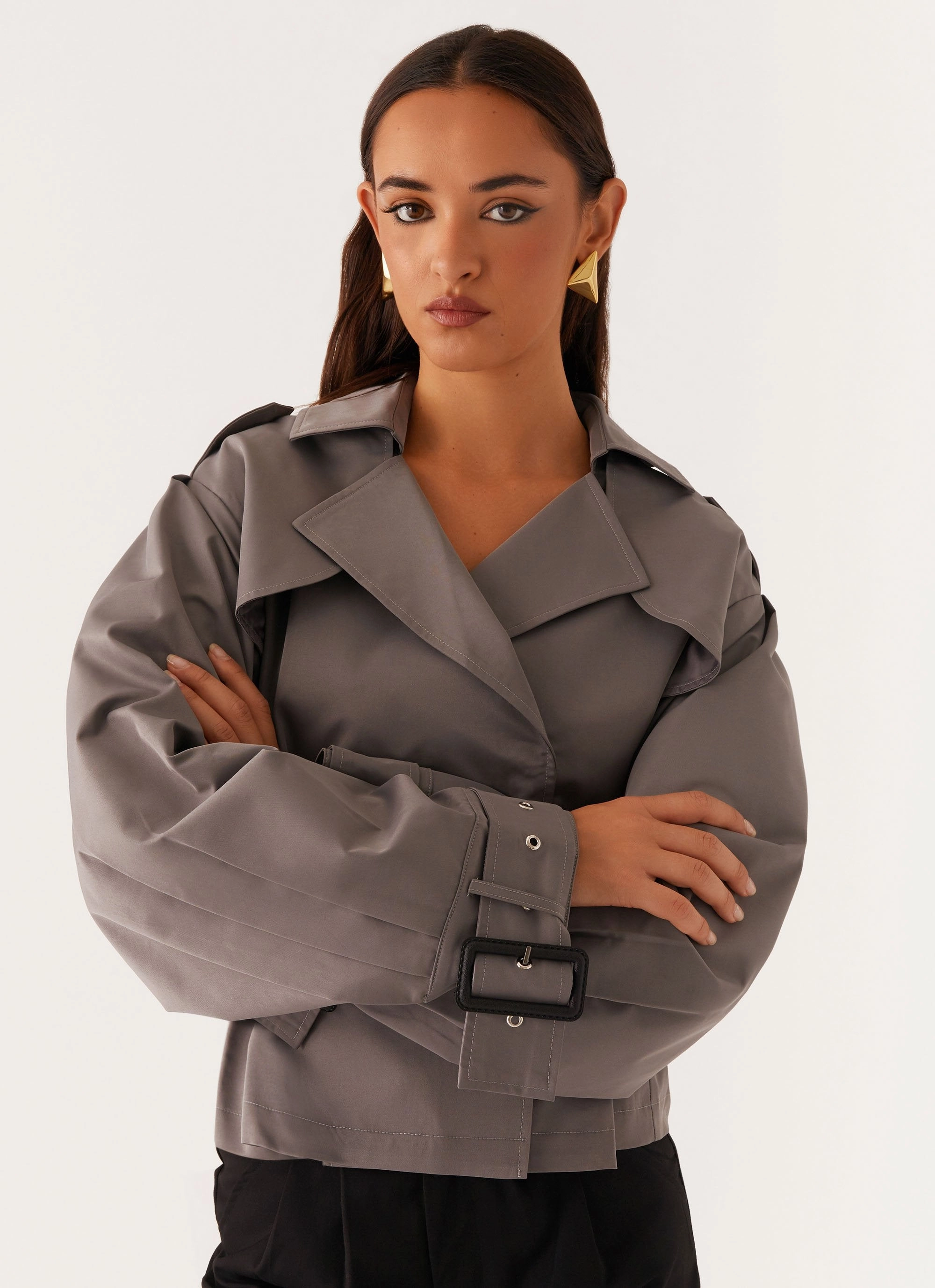 Boston Cropped Trench Coat - Charcoal Weekend Ready Look