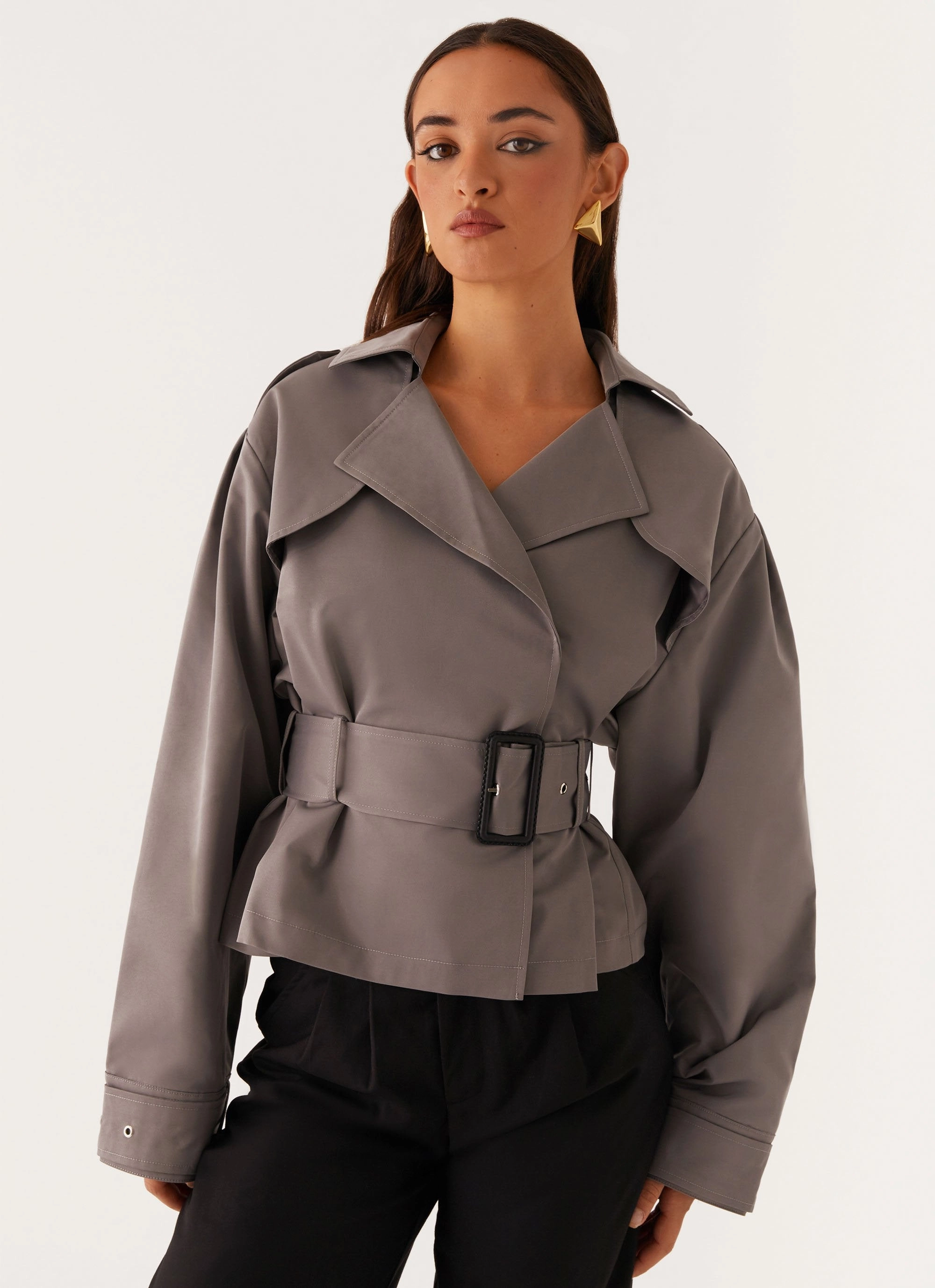 Adventure Day Look Boston Cropped Trench Coat - Charcoal