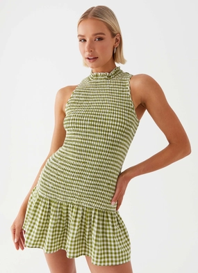Beach Walk Elegant evening wear Cassie shirred Mini Dress - Khaki Gingham
