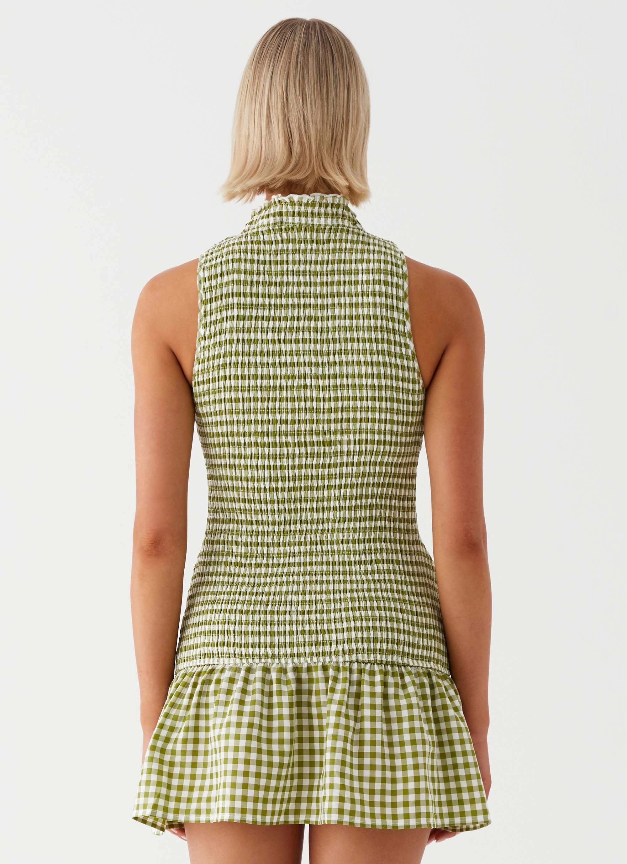 Sheer-Overlay Cassie shirred Mini Dress - Khaki Gingham