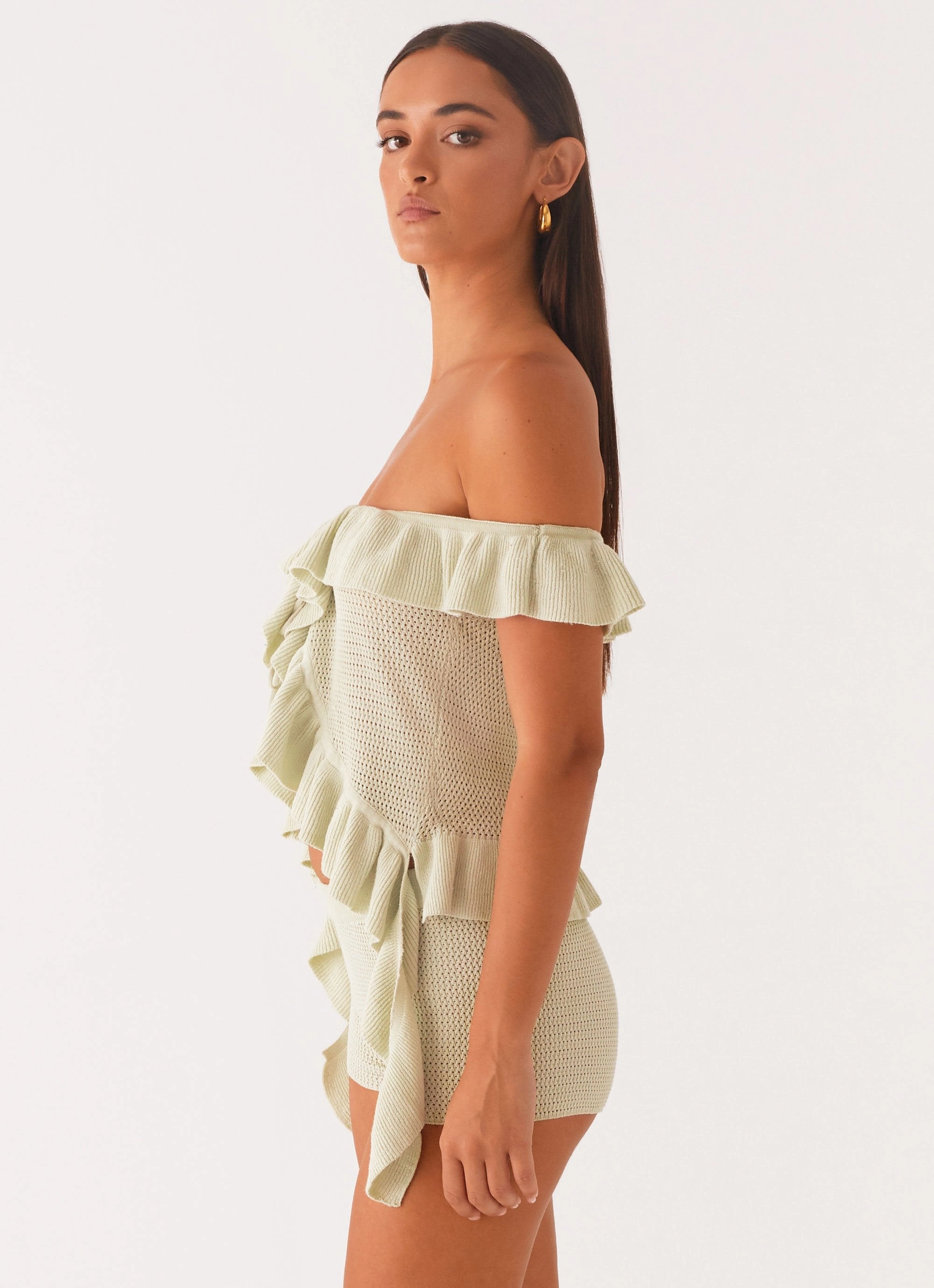 Bowen Off Shoulder Knit Top - Mint DoubleNeedle Stitching WrinkleFree Fabric