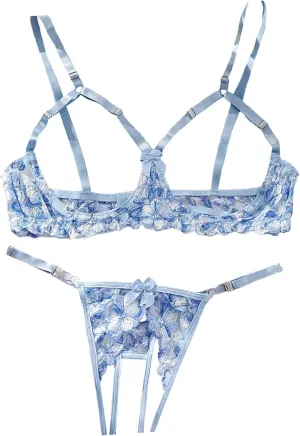 Bra Top and Thong Lingerie Set Lace Trim Sleep Dress Elegant Women's Sexy Applique Underwire Style