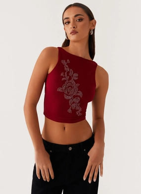 Hidden Storage Pocket Brae Beaded Mesh Top - Deep Red