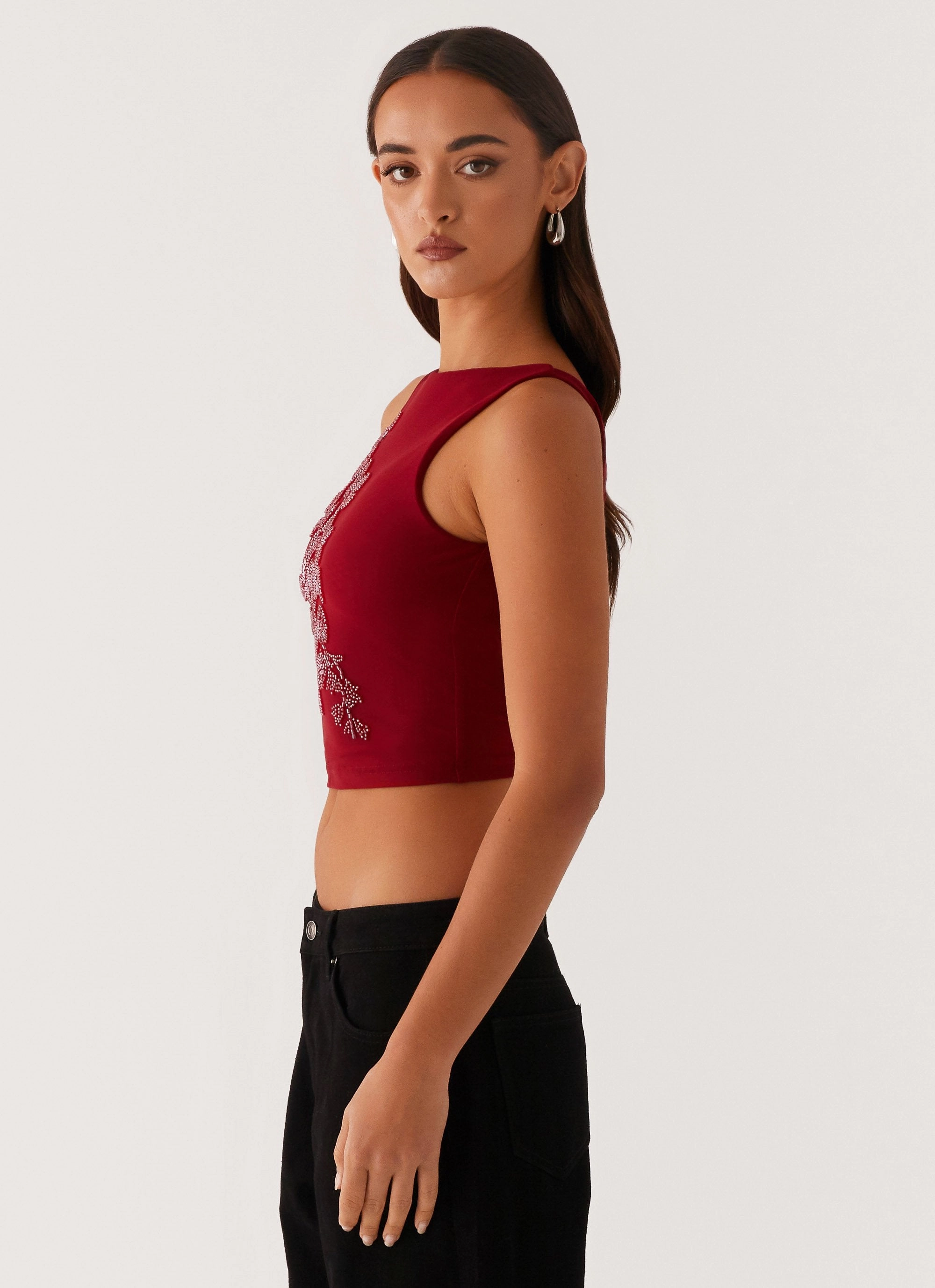 Brae Beaded Mesh Top - Deep Red Microfiber texture Contemporary Cut