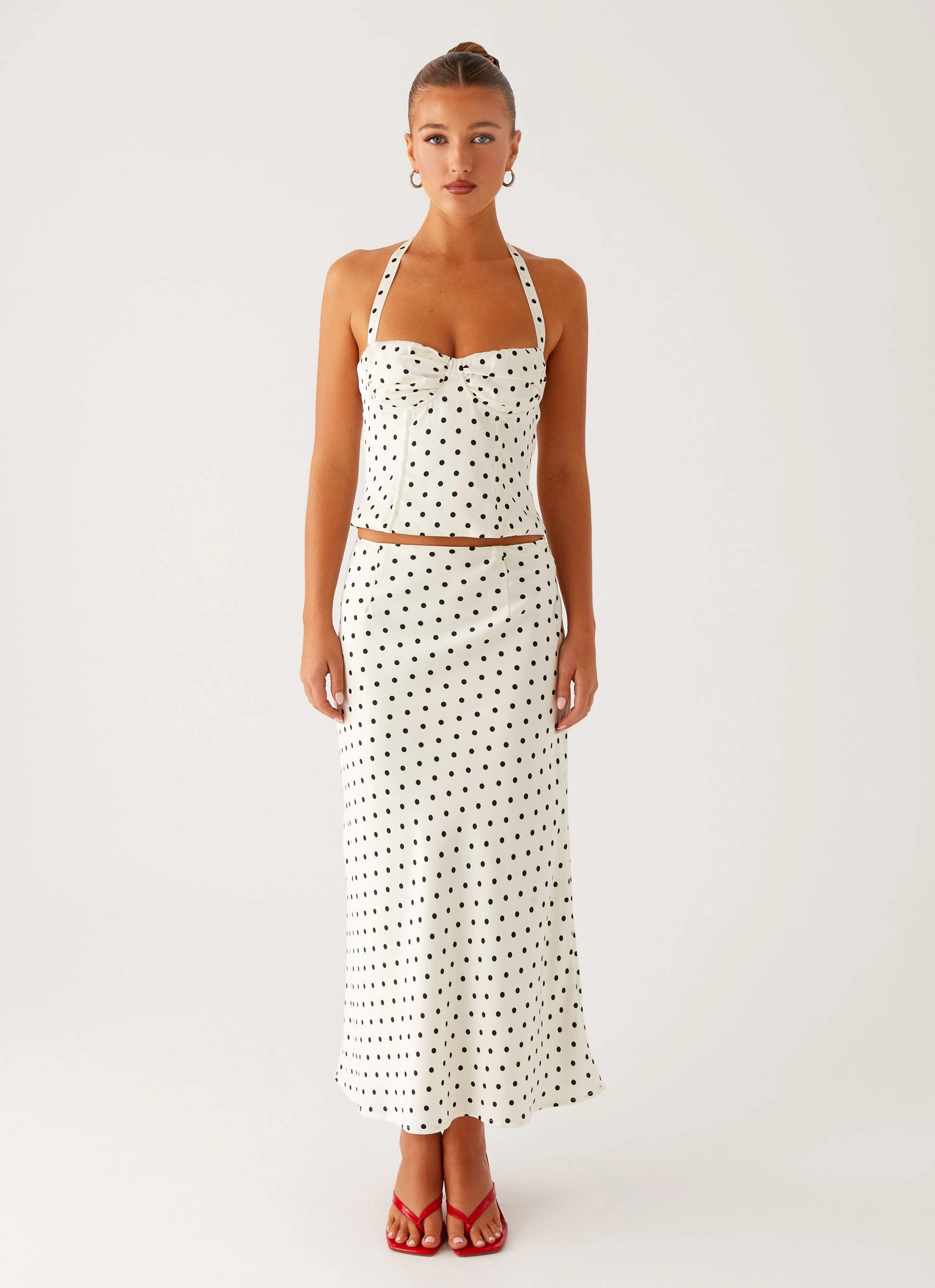 Breathable Stretch Breanne Midi Skirt - White Polka Dot